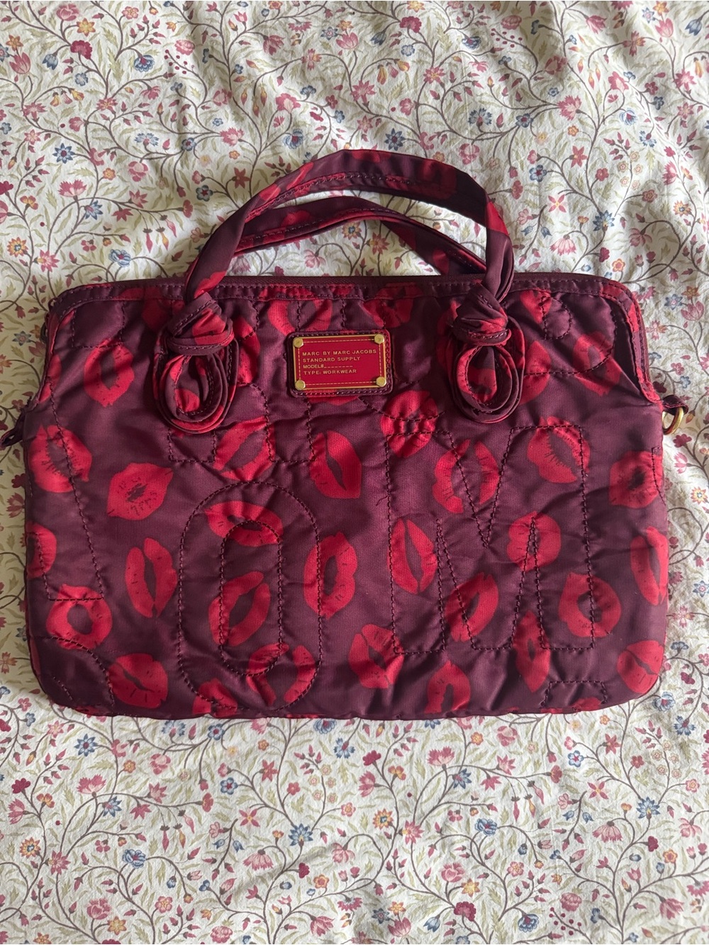 Marc By Marc Jacobs Burgundy Quilted Satchel with Red Lip Print 15”x10.5”